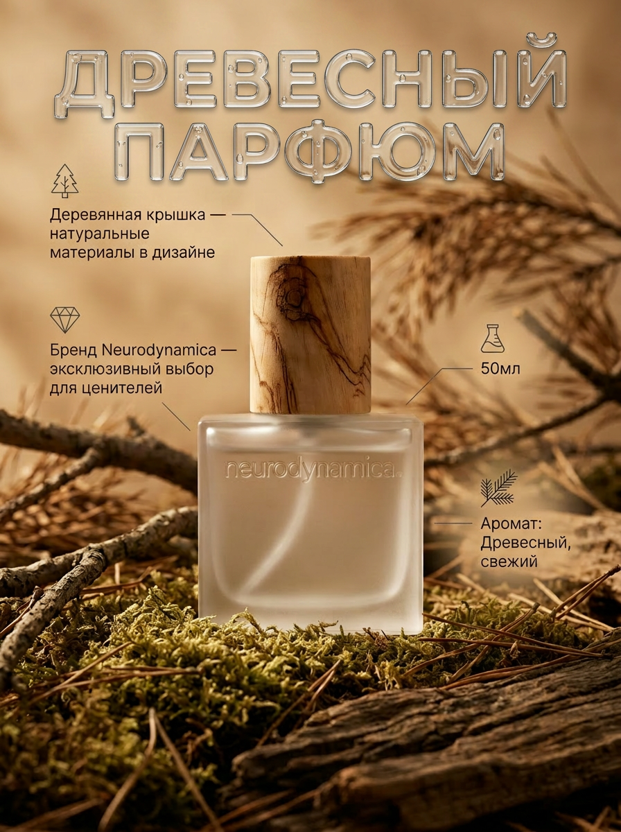 Готовая карточка с инфографикой — древесный парфюм с подписями характеристик